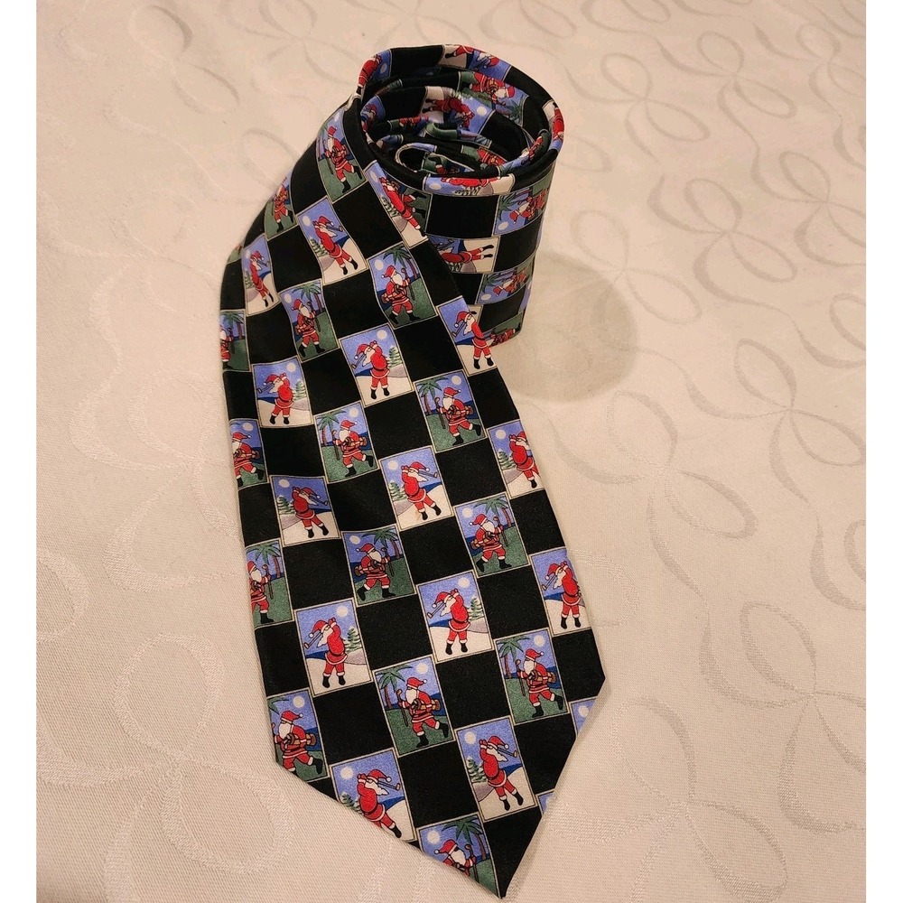 Roundtree Yorke Silk‎ Tie Golfing Santa Christmas Holiday Party Novelty Tropical